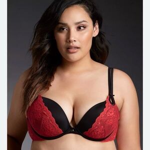 Cacique Plunge Lace Satin Push-Up Bra - Black & Red, Size 44DD.